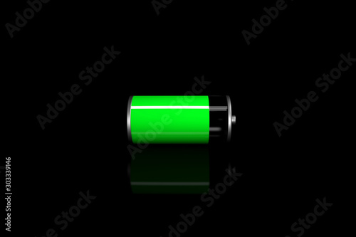 3d illustration of a charged green battery on a black background