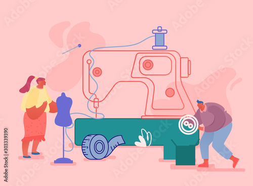 Creative Atelier, Tailor Textile Craft Business Concept. Fashion Design Dressmakers Create Outfit and Apparel on Sewing Machine, Assistant Working with Mannequin. Cartoon Flat Vector Illustration