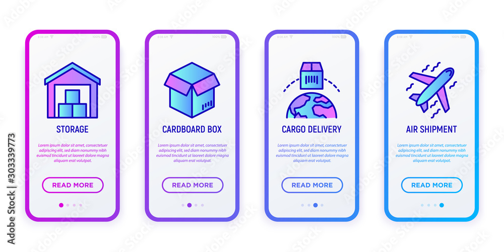 Logistics mobile user interface with copy space and thin line icons: warehouse, cardboard box, air shipment, cargo delivery. Modern vector illustration for mobile app.