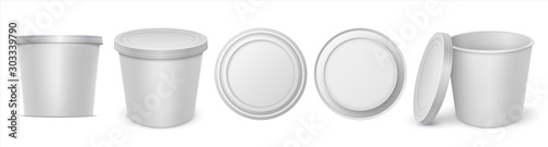 Yoghurt container. Realistic circular white blank margarine spread melted cheese or butter package mockup. Vector isolated illustration nutrition rounded boxes top front bottom set on white