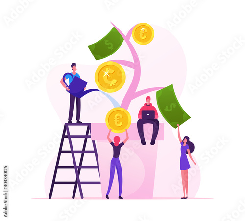 Financial Profit and Investment Concept. Business People Watering Plant in Pot, Collecting Golden Coins and Banknotes from Huge Money Tree. Bank Deposit Income, Wealth Cartoon Flat Vector Illustration
