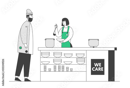 Volunteer Serving Food to Homeless People. Young Woman in Apron Pouring Warm Food to Plate for Beggar Man Standing at Desk. Night Shelter Emergency Housing. Cartoon Flat Vector Illustration, Line Art