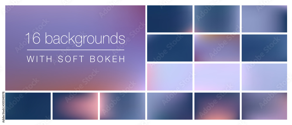 16 backgrounds with soft bokeh and smooth blurry colors. Ideal background templates for using as backdrop in stationery, social media posts, emails, presentations with professional business look&feel.
