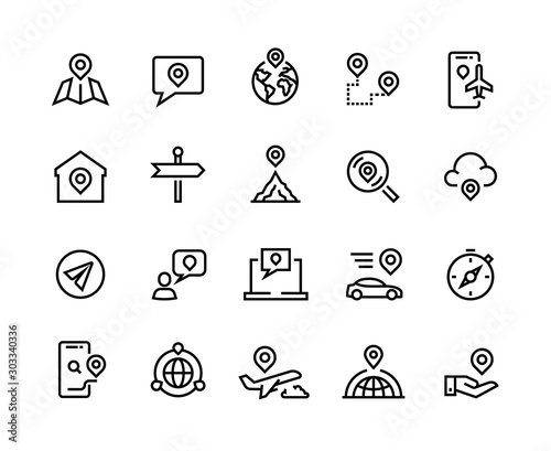 Route line icons. GPS navigation and tracking system, app UI graphic symbols for find device, home and work location. Vector set illustration pointer direction where, when target trip in car