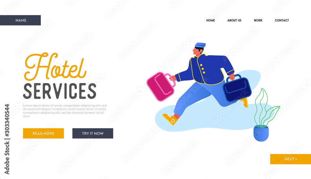 Hotel Hospitality Service Website Landing Page. Bell Boy Carrying Suitcases. Bellman Male Hotel Worker in Uniform Running with Luggage Meeting Guest Web Page Banner. Cartoon Flat Vector Illustration