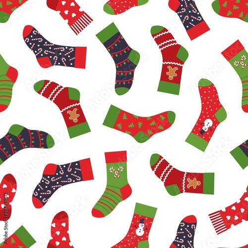 Christmas socks pattern. Seamless texture with winter clothing elements and ornaments. Vector New year and Christmas holidays seamless pattern bright illustration green color stockings design
