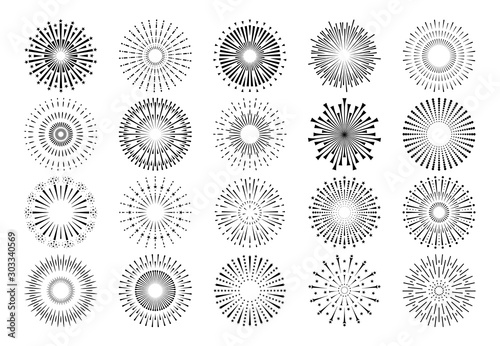 Fireworks icons. Sunburst rays and explosion symbols, Christmas and birthday party celebration pyrotechnics. Vector set hand drawn burst with circle light sparks for entertainment and anniversary