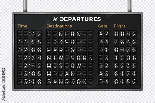 Airport mechanical scoreboard. Realistic equipment board message departures and arrivals flight. Flipping departure countdown. Vector illustration 3d schedule arriving train for travel