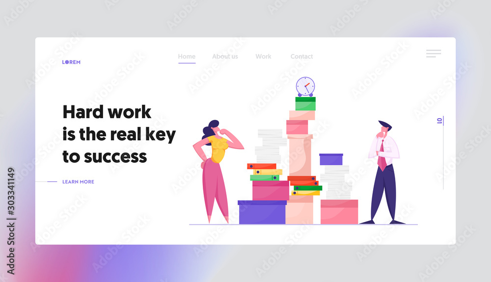 Employees Deadline Stress Website Landing Page. Businesswoman and Businessman Looking on Huge Pile of Paper Documents and Folders with Clock on Top Web Page Banner. Cartoon Flat Vector Illustration