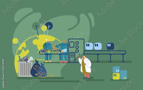 Wastes Recycling Technological Process. Workers in Robe Select and Sort Different Litter at Factory Conveyor Belt. Woman Scientist Looking in Glass Tube Testing Water. Cartoon Flat Vector Illustration