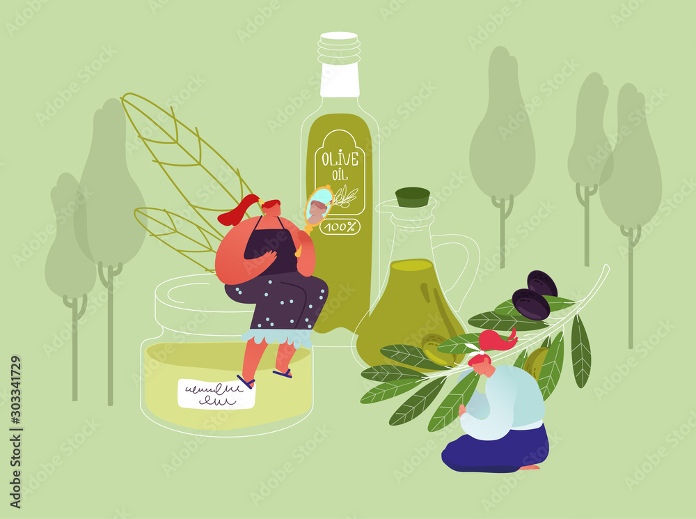 fordøjelse vogn forvridning Young Women Use Olive Oil for Cosmetics, Beauty Care and Cooking Purposes.  Tiny Female Character Sitting on Huge Cosmetic Jar Looking in Mirror Hold  Ripe Olives Branch Cartoon Flat Vector Illustration Stock