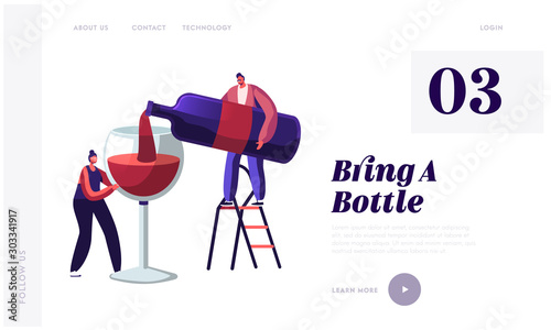 Wine Degustation Website Landing Page. Man Pouring Wine to Woman Holding Huge Glass. Girl with Wineglass Tasting Alcohol Drink with Professional Expert Web Page Banner Cartoon Flat Vector Illustration
