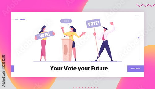 People Holding Vote Banners for Woman Speaker Candidate Website Landing Page. City Dwellers Execute their Rights and Duties in Political Country Life Web Page Banner. Cartoon Flat Vector Illustration
