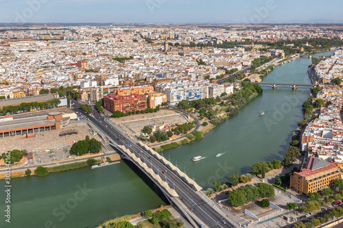 Aerial view of beautiful Seville city centre and its landmarks, Spain