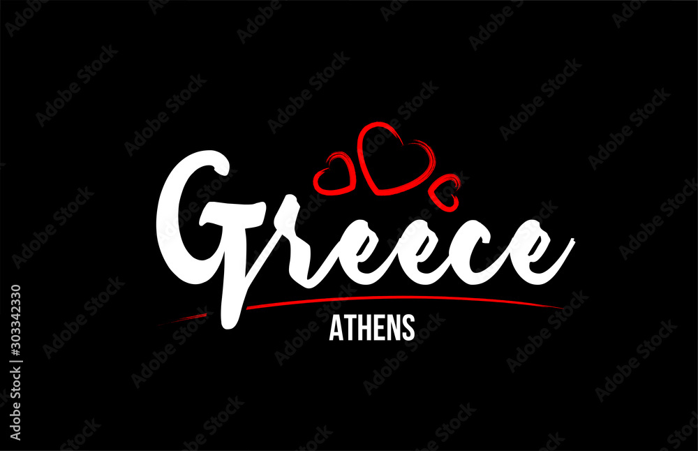 Greece country on black background with red love heart and its capital Athens