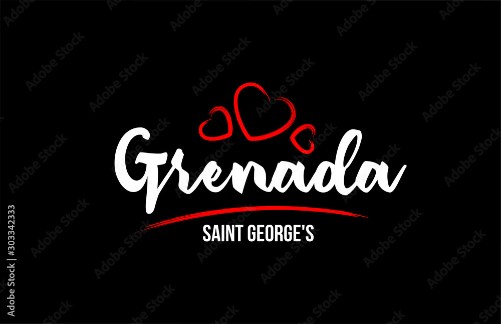 Grenada country on black background with red love heart and its capital Saint George
