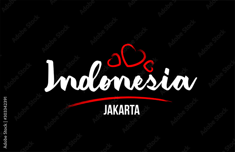 Indonesia country on black background with red love heart and its capital Jakarta