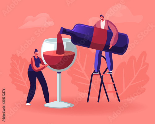 Wine Degustation. Man Pouring Wine to Woman Holding Huge Glass. Girl with Wineglass Tasting Alcohol Drink. Professional Expert with Bottle Explaining Beverage Features Cartoon Flat Vector Illustration
