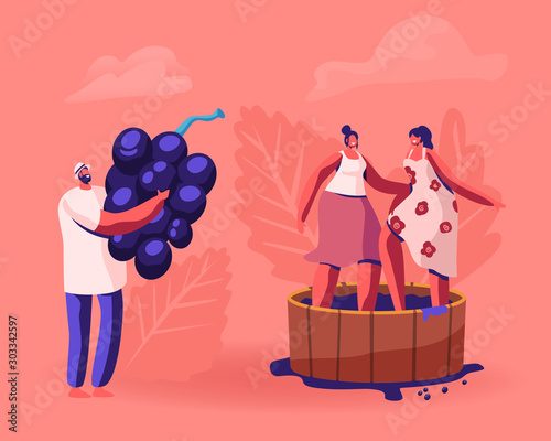 Winemaker Holding Huge Freshly Picked Up Wine Grapes, Harvesting on Vineyard. Happy Smiling Women Stomping Grape in Wooden Barrel. Winemaking Process, Harvest Festival Cartoon Flat Vector Illustration