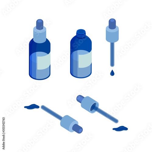 Vector serum different sides isometric object illustration. Serum bottle and dropper standing and laying down illustration