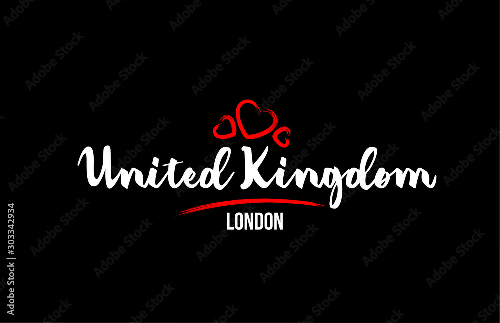 United Kingdom country on black background with red love heart and its capital London