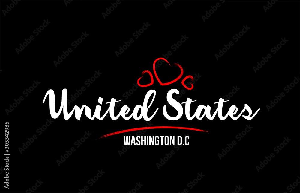 United States country on black background with red love heart and its capital Washington