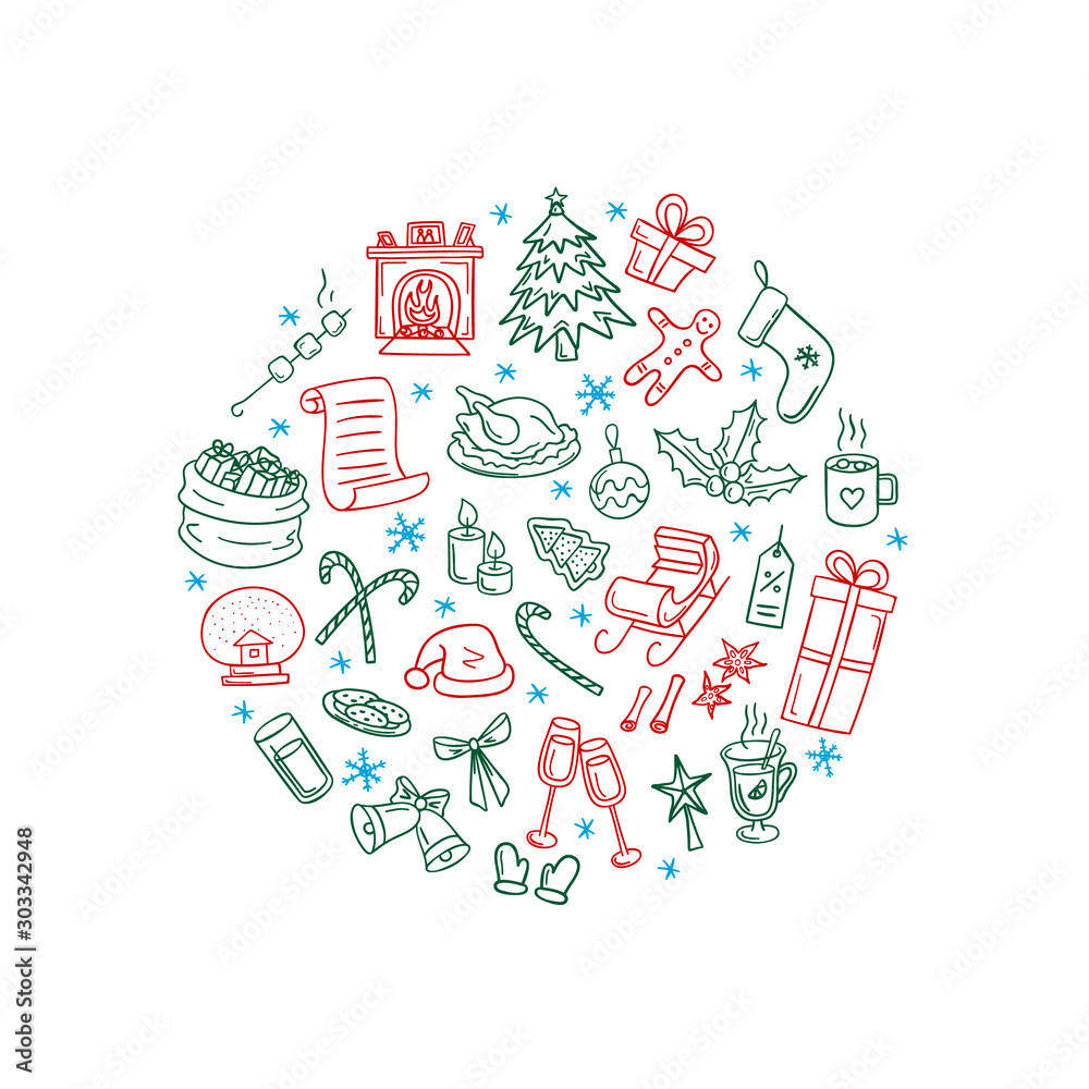 Vector cute xmas doodle hand drawn elements illustration. Christmas theme objects circle background for greeting card Vector cute xmas doodle hand drawn elements illustration. Christmas theme objects circle background for greeting card