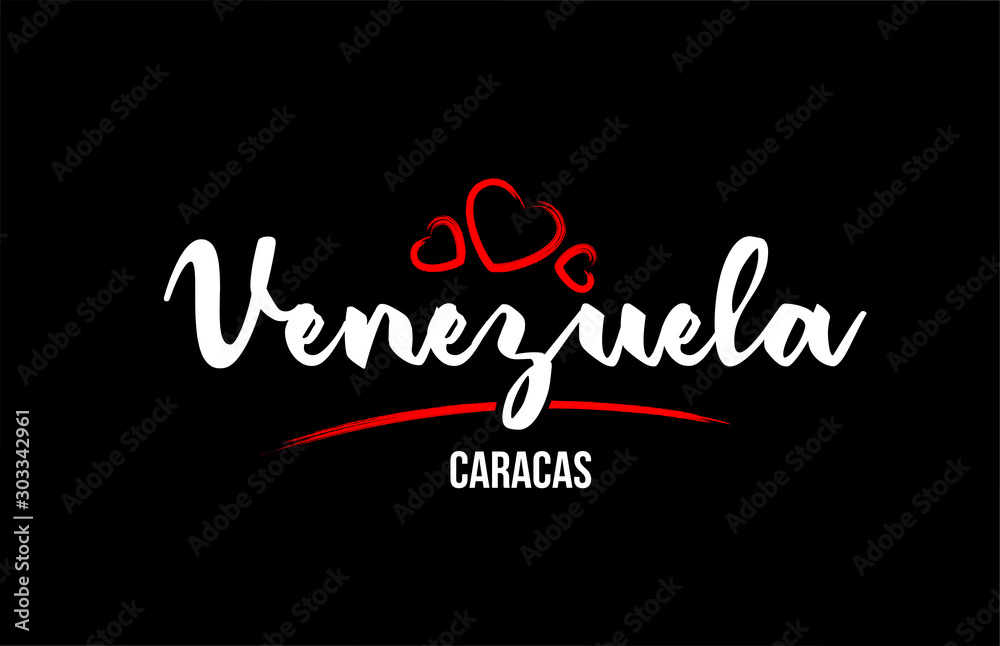 Venezuela country on black background with red love heart and its capital Caracas