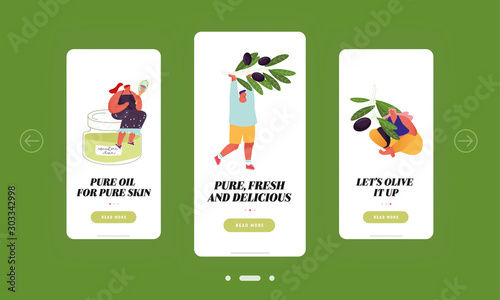 People Use Olive Oil for Eating and Cosmetics Mobile App Page Onboard Screen Set. Tiny Characters Holding Ripe Olive Branches Eco Food Concept for Website or Web Page, Cartoon Flat Vector Illustration