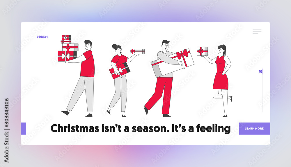 Happy People Giving Presents to Each Other Website Landing Page. Men Women Walking with Gift Boxes Greeting Family and Friends on Christmas Web Page Banner. Cartoon Flat Vector Illustration, Line Art Happy People Giving Presents to Each Other Website Landing Page. Men Women Walking with Gift Boxes Greeting Family and Friends on Christmas Web Page Banner. Cartoon Flat Vector Illustration, Line Art