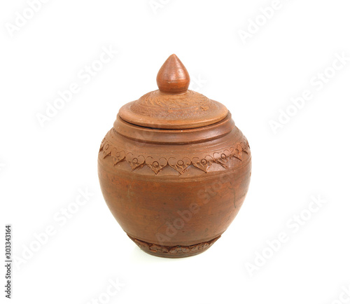Clay pot with lid on white back