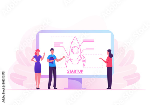 Financial Idea Planning Strategy, Management, Realization and Success. Businesspeople Launching Business Project Startup on Huge Screen. Creative Team Rocket Launch. Cartoon Flat Vector Illustration