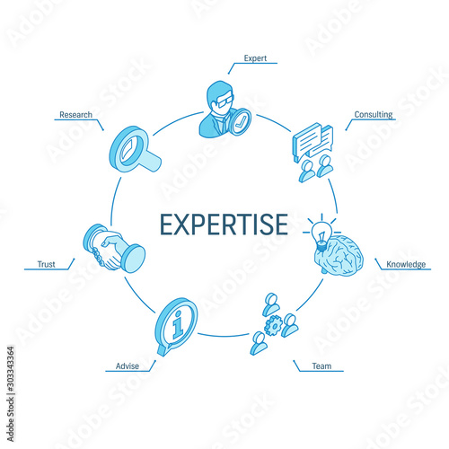 Expertise isometric concept. Connected line 3d icons. Integrated circle infographic design system. Expert service, consulting, research, team advise symbols. Knowledge, trust, advice pictogram