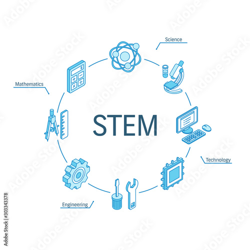 STEM isometric concept. Connected line 3d icons. Integrated circle infographic design system. Science, Technology, Engineering, Mathematics symbols. Math study, education, learning pictogram
