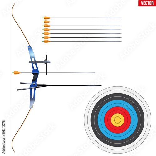 Set of Recurve Archery with arrows and target. Archery Sport Equipment. Classic sporting model for Games and Competition Range. Vector Illustration isolated on white background.