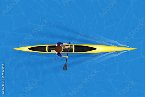 Single canoe and paddler on water surface. Top view of Equipment whitewater sprint canoeing in moving. Vector Illustration