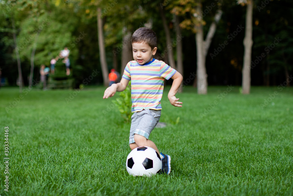 a little boy playing soccer in the Park . a child plays with a ball on the field a little boy playing soccer in the Park . a child plays with a ball on the field