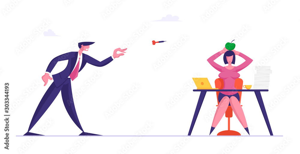 Businessman Throw Darts to Apple Lying on Head of Businesswoman Sitting at Office Desk. Bulling, Aggression or Conflict Situation at Work between Colleagues, Stress. Cartoon Flat Vector Illustration