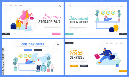 Hospitality Website Landing Page Set. People in Hotel. Clerk on Reception Desk Give Keys from Room. Lobby Stuff Meeting Guests. Bell Boy Carry Luggage Web Page Banner. Cartoon Flat Vector Illustration
