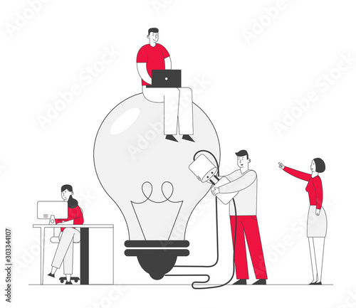 Business Team Search Insight for Project Development. Teamworking and Searching Idea Concept. People Stand at Huge Turned Off Light Bulb Holding Plug. Cartoon Flat Vector Illustration, Line Art
