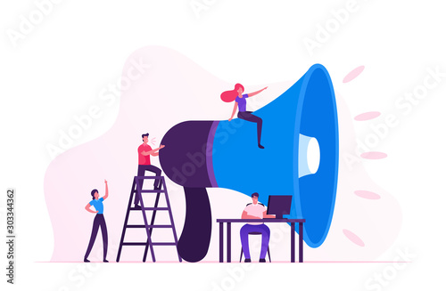 Social Marketing Concept. Men and Women Characters Promoting Online in Social Network Using Laptop and Huge Megaphone. Public Relations and Affairs, Communication, Pr. Cartoon Flat Vector Illustration photo