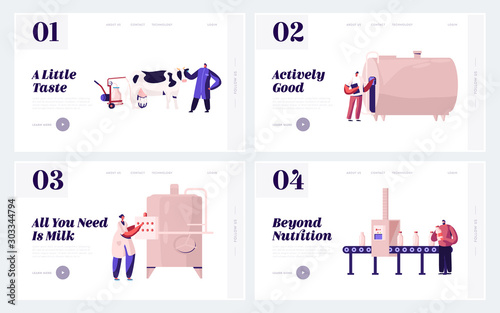 Farm Production Department, Milk Industry Website Landing Page. People on Plant Producing Milky Food with Machine Assistance. Dairy Factory Manufacture Web Page Banner Cartoon Flat Vector Illustration