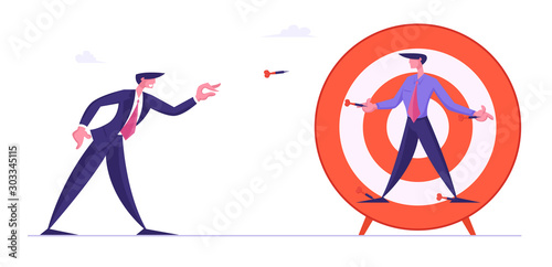 Unfair Fight, Bulling Concept. Businessman Throw Darts Directly to Business Man Nailed to Huge Target. Manager Characters Combat for Leadership, Competition Challenge Cartoon Flat Vector Illustration