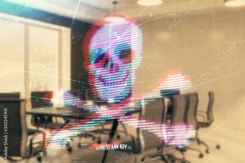 Double exposure of hacking theme hologram on conference room background. Concept of cyberpiracy photo