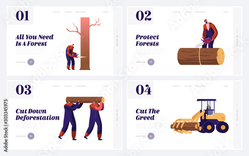 Logger Professional Occupation, Job Website Landing Page Set. Lumberjacks Employees Working in Forest Cutting and Harvesting Trees Logs, Deforestation Web Page Banner. Cartoon Flat Vector Illustration