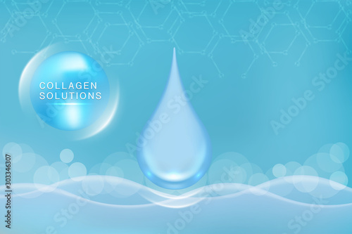 Hyaluronic acid skin solutions ad, blue collagen serum drop with cosmetic advertising background ready to use, illustration vector.	