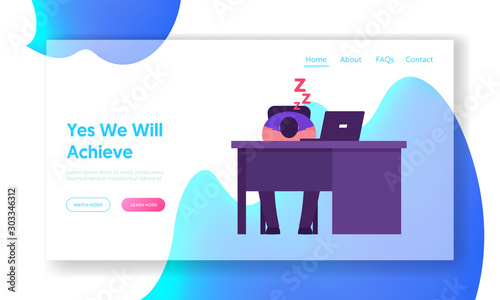 Procrastination in Office Life Website Landing Page. Tired Manager Sleeping at Workplace Lying in front of Laptop Screen. Relaxing Man Doing Nothing Web Page Banner. Cartoon Flat Vector Illustration