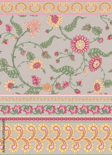 Seamless Indian floral ethnic pattern with bird. Colored vector illustration. On beige background.