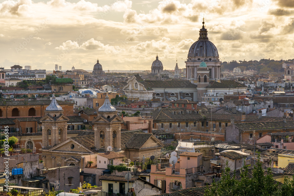 panorama of Rome with the dome of San Carlo al Corso in the backgroundf rom the public park Pincian Hill, Villa Borghese gardens, Rome, Italy