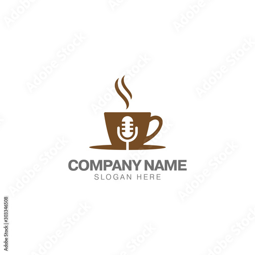 Coffee podcast logo design template, microphone classic and coffee cup vector